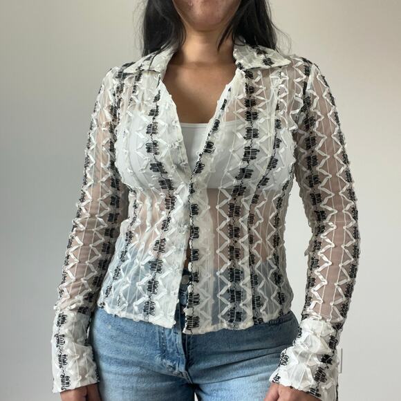 Kenar Mesh embellished top button down long‎ sleeve artsy - Picture 1 of 10